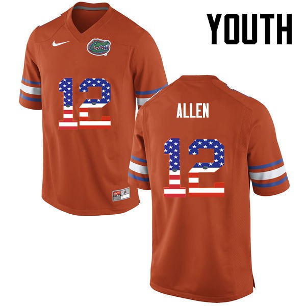 Florida Gators Youth #12 Jake Allen College Football USA Flag Fashion Orange